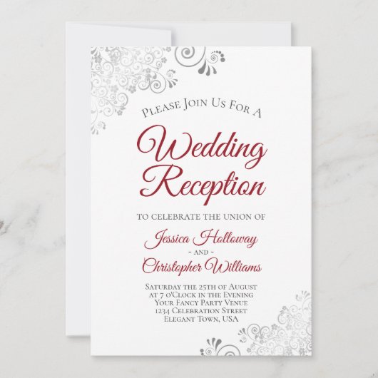 Zilveren Kant Zilverkleurig Rood op Witte Huwelijk Kaart (Voorkant)