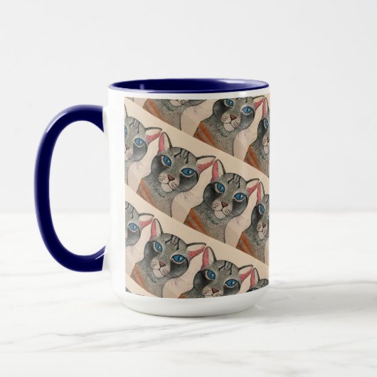 Zilveren kattenmok met blauwe ogen mok (Links)