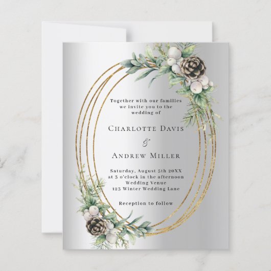 Zilveren kegel grenen groen bruiloft uitnodiging (Voorkant)