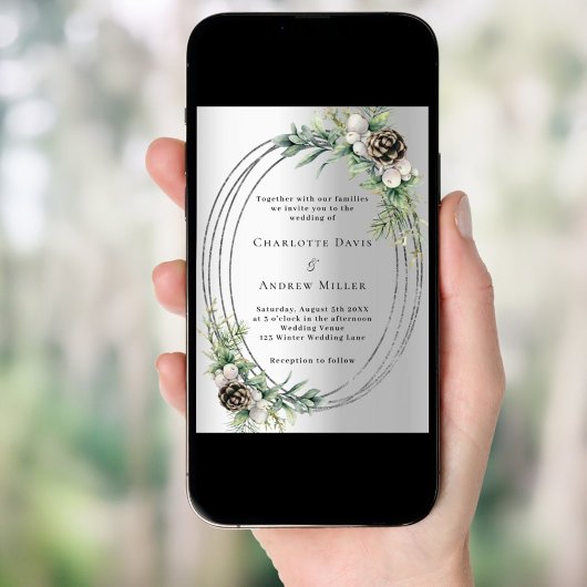 Zilveren kegel grenen groen winter bruiloft kaart