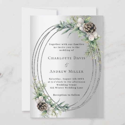 Zilveren kegel grenen groen winter bruiloft kaart (Voorkant)