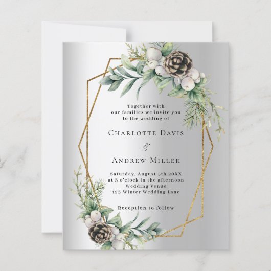 Zilveren kegel groen geometrische bruiloft uitnodi (Voorkant)