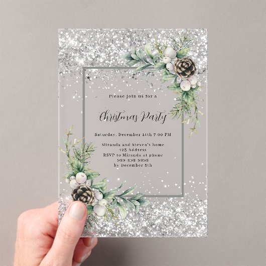 Zilveren kegels groene bladeren bevroren kerstfees acryl uitnodigingen (Insitu (Draagbaar))