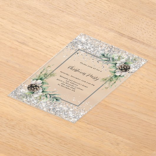 Zilveren kegels groene bladeren bevroren kerstfees acryl uitnodigingen (Laagn)