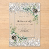 Zilveren kegels groene bladeren bevroren kerstfees acryl uitnodigingen (Voorkant)