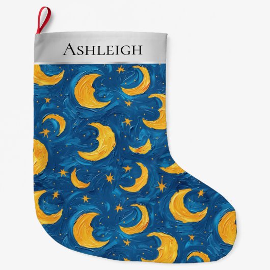 Zilveren Kerst Blauw Geel Sterren Maan Hemel Grote Kerstsok (Voorkant)