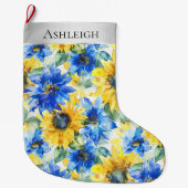 Zilveren Kerst Blauw Gele Bloemen Grote Kerstsok (Voorkant)
