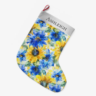 Zilveren Kerst Blauw Gele Bloemen Grote Kerstsok