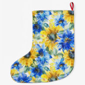 Zilveren Kerst Blauw Gele Bloemen Grote Kerstsok (Achterkant)