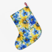 Zilveren Kerst Blauw Gele Bloemen Grote Kerstsok (Achterkant (Hangend))