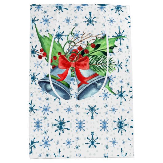 Zilveren kerstaven, Holly en Blauwe Snowflakes Medium Cadeauzakje (Voorkant)