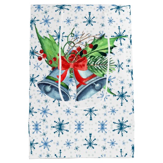 Zilveren kerstaven, Holly en Blauwe Snowflakes Medium Cadeauzakje (Achterkant)