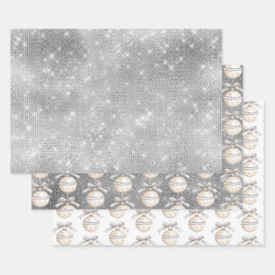 Zilveren Kerstbal met Sierlijke Strik Inpakpapier Vel