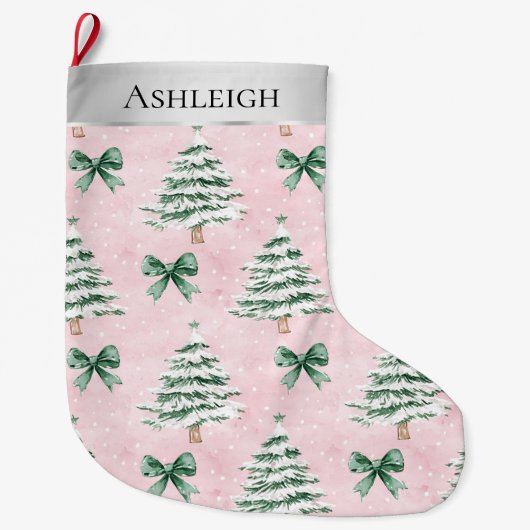 Zilveren kerstbomen Roze groene bogen Grote Kerstsok (Voorkant)