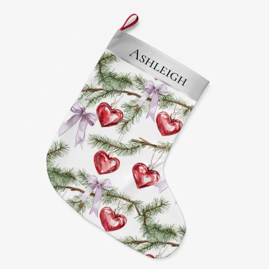 Zilveren Kerstboom Branches Paarse Bogen Harten Grote Kerstsok (Voorkant (Hangend))