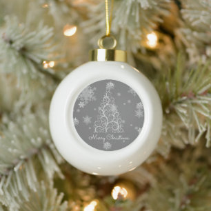 Zilveren kerstboom en sneeuwvlokken keramische bal ornament