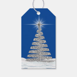 Zilveren kerstboom op blauw cadeaulabel