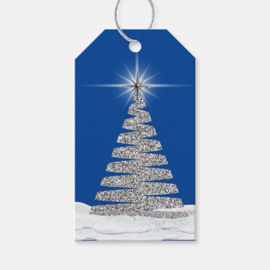 Zilveren kerstboom op blauw cadeaulabel (Voorkant)