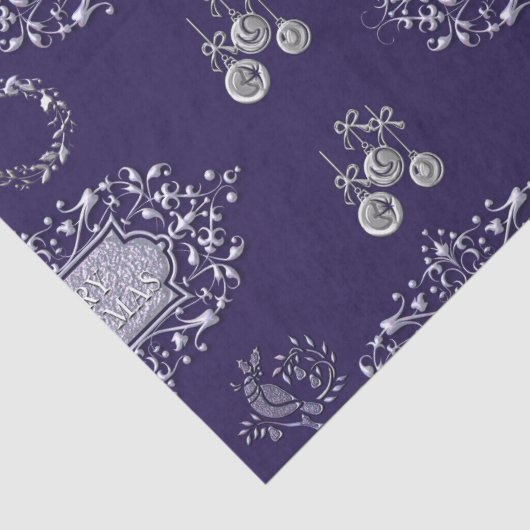 Zilveren kerstdecoratie op blauw kerstfeest tissuepapier (Detail)