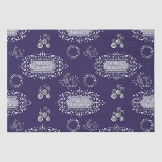 Zilveren kerstdecoratie op blauw kerstfeest tissuepapier (Voorkant)