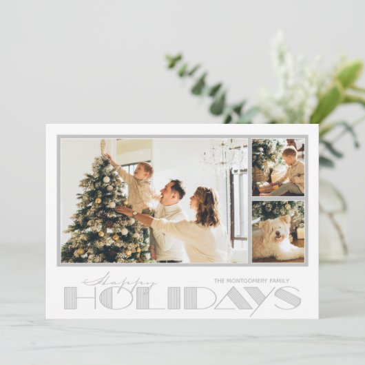 Zilveren Kerstkaart met Meerdere Foto's Gelukkig K (Staand voorkant)