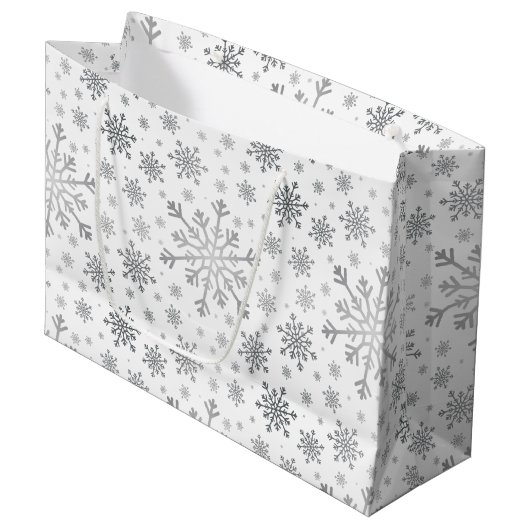 zilveren kerstsnowflakes op winterwit groot cadeauzakje (Voorkant Gekanteld)