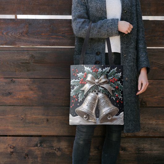 Zilveren klokken en Holly Christmas Canvas tas