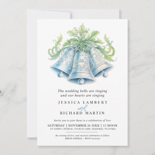 Zilveren klokken loof waterverf foto bruiloft kaart (Voorkant)