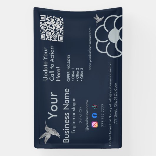 Zilveren kolibrie Logo QR Code Navy Blue Business Spandoek (Verticaal)