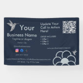 Zilveren kolibrie Logo QR Code Navy Blue Business Spandoek (Horizontaal)