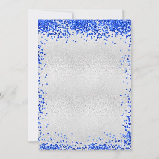 Zilveren koningsblauw confetti bruiloft kaart (Achterkant)