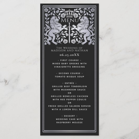 Zilveren Koninklijke Leeuw Middeleeuws Zwaard Brui Menu (Voorkant)