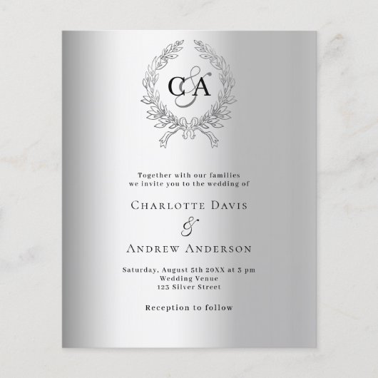 Zilveren krans monogram budget bruiloft uitnodigin (Voorkant)