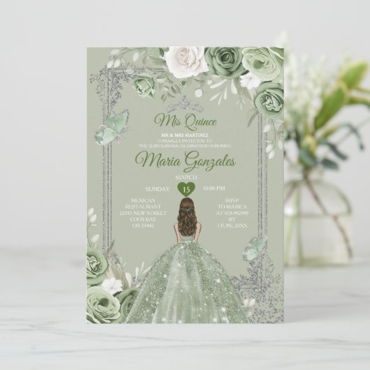 Zilveren Kroon Sage Groene Bloem Mis Quince 15 Jaa Kaart (Staand voorkant)
