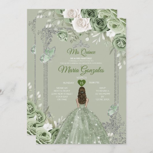 Zilveren Kroon Sage Groene Bloem Mis Quince 15 Jaa Kaart (Voorkant / Achterkant)