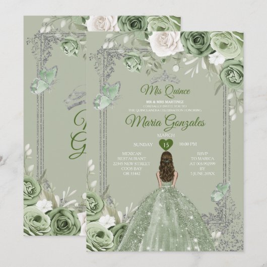 Zilveren Kroon Sage Groene Bloemen Mis Quince 15 A Kaart (Voorkant / Achterkant)