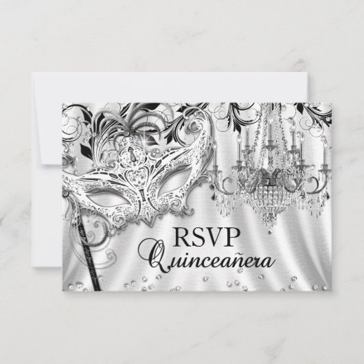 Zilveren kroonluchter Masquerade Quinceanera RSVP (Voorkant)