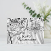 Zilveren kroonluchter Masquerade Quinceanera RSVP (Staand voorkant)