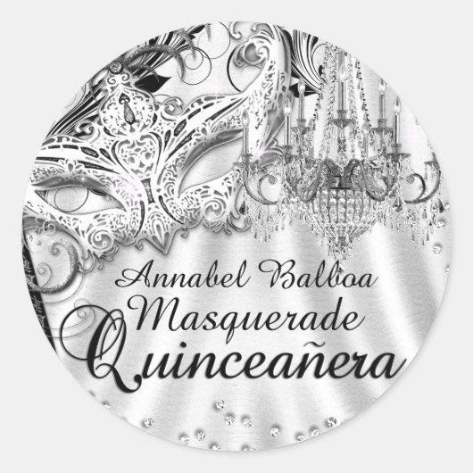 Zilveren kroonluchter Masquerade Quinceanera Stick Ronde Sticker (Voorkant)