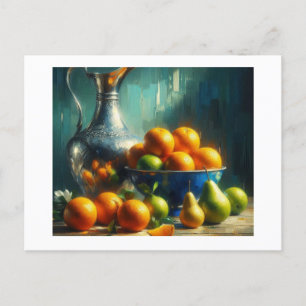 Zilveren kruik, blauwe kom met fruit, briefkaart