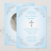 Zilveren Kruis Blauw Doopsel Fotouitnodiging Kaart (Voorkant / Achterkant)