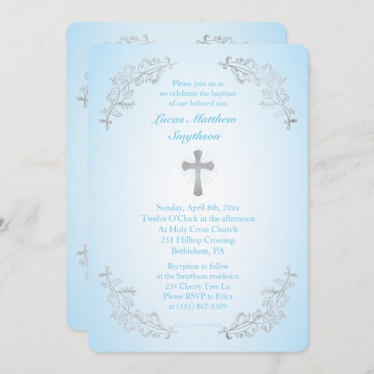 Zilveren Kruis Blauw Doopsel Fotouitnodiging Kaart (Voorkant / Achterkant)