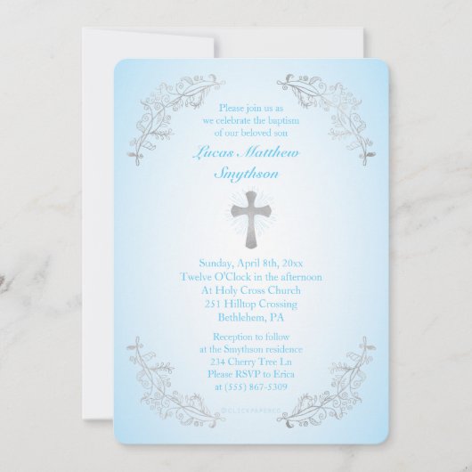 Zilveren Kruis Blauw Doopsel Fotouitnodiging Kaart (Voorkant)