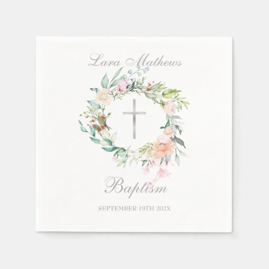 Zilveren kruis bloemenguirlande doopfeest servet (Voorkant)