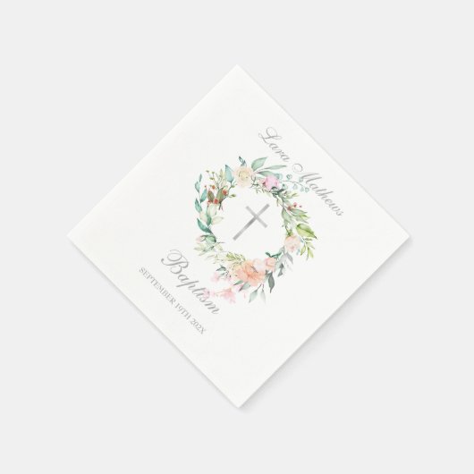 Zilveren kruis bloemenguirlande doopfeest servet (Hoek)