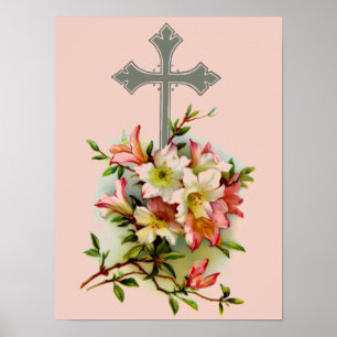 Zilveren Kruis En Roze Bloemen Poster