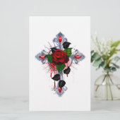 Zilveren Kruis met een Rode Roos Briefpapier (Staand voorkant)