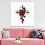 Zilveren Kruis met een Rode Roos Canvas Afdruk (Insitu (Woonkamer))
