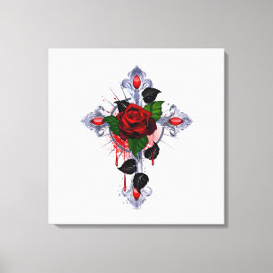 Zilveren Kruis met een Rode Roos Canvas Afdruk