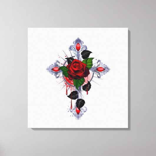 Zilveren Kruis met een Rode Roos Canvas Afdruk (Voorkant)